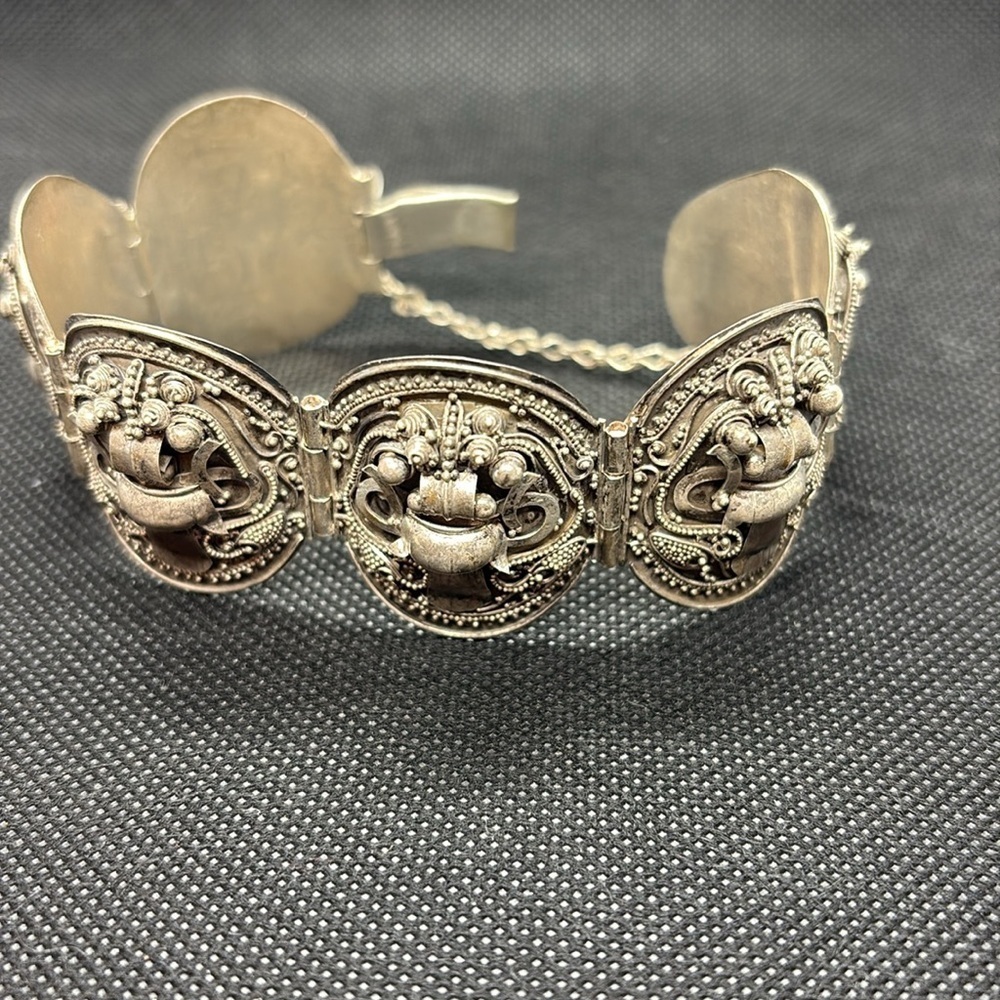 Vintage Tibetan Ritual Kalasha Bracelet with filigree all intact. Stamped .925 - Picture 2 of 7